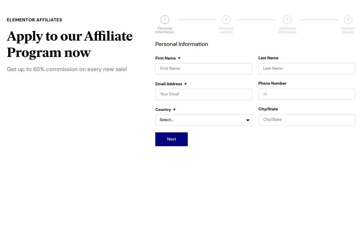 Elementor affiliate program signup page