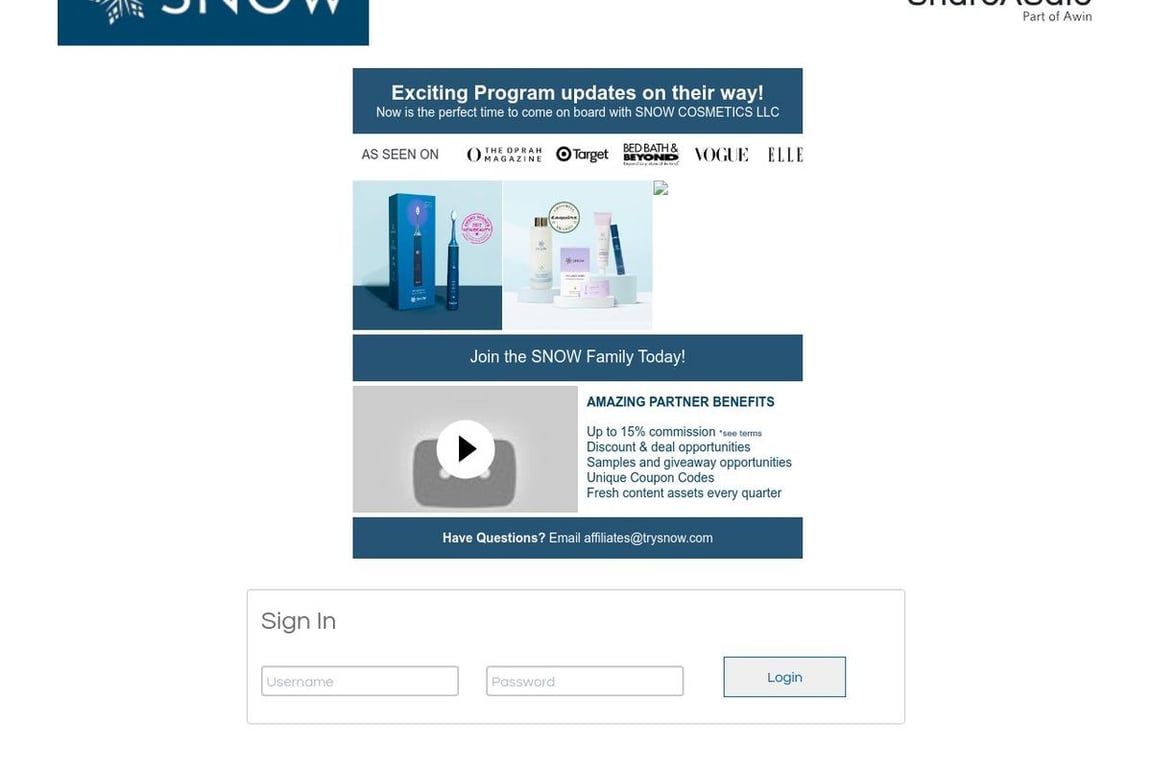 Snow affiliate program signup page