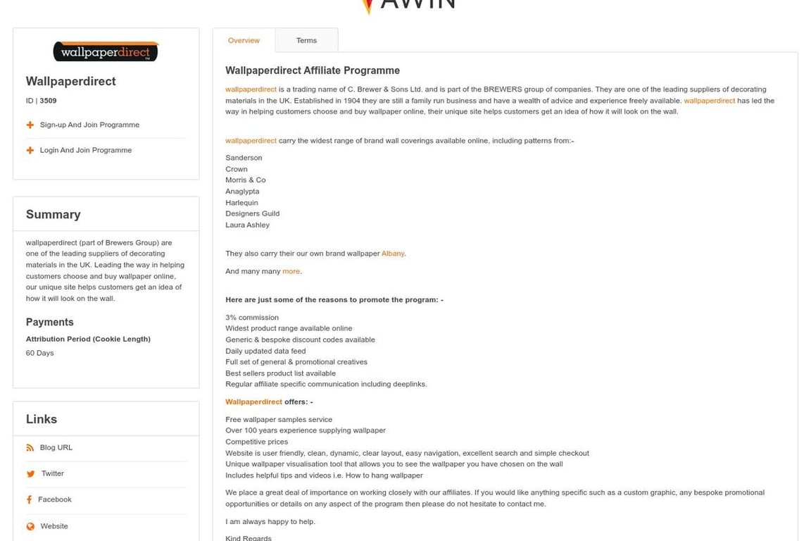 Wallpaperdirect UK affiliate program signup page