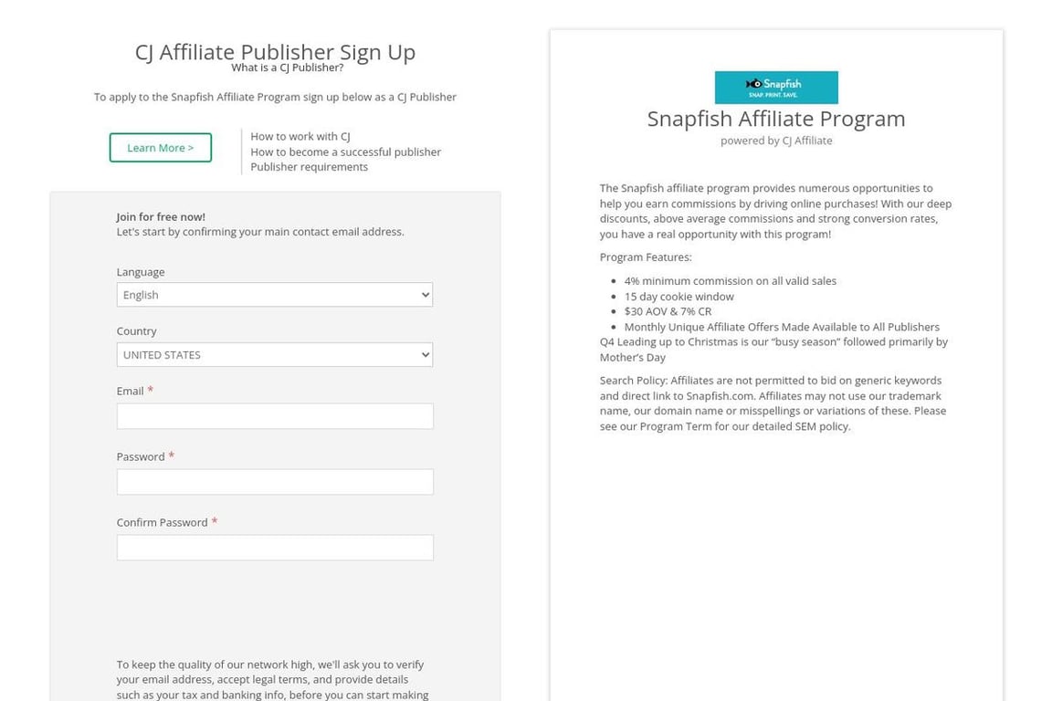 Snapfish Preferred affiliate program signup page