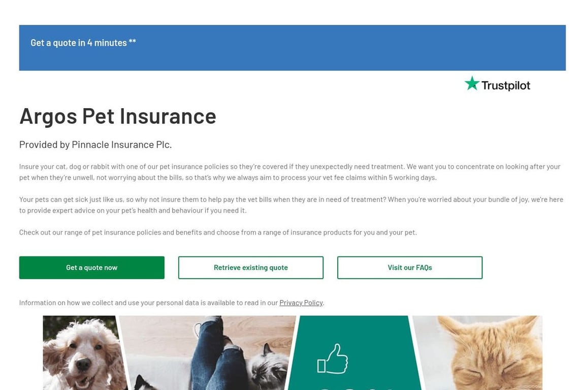 Argos Pet Insurance homepage