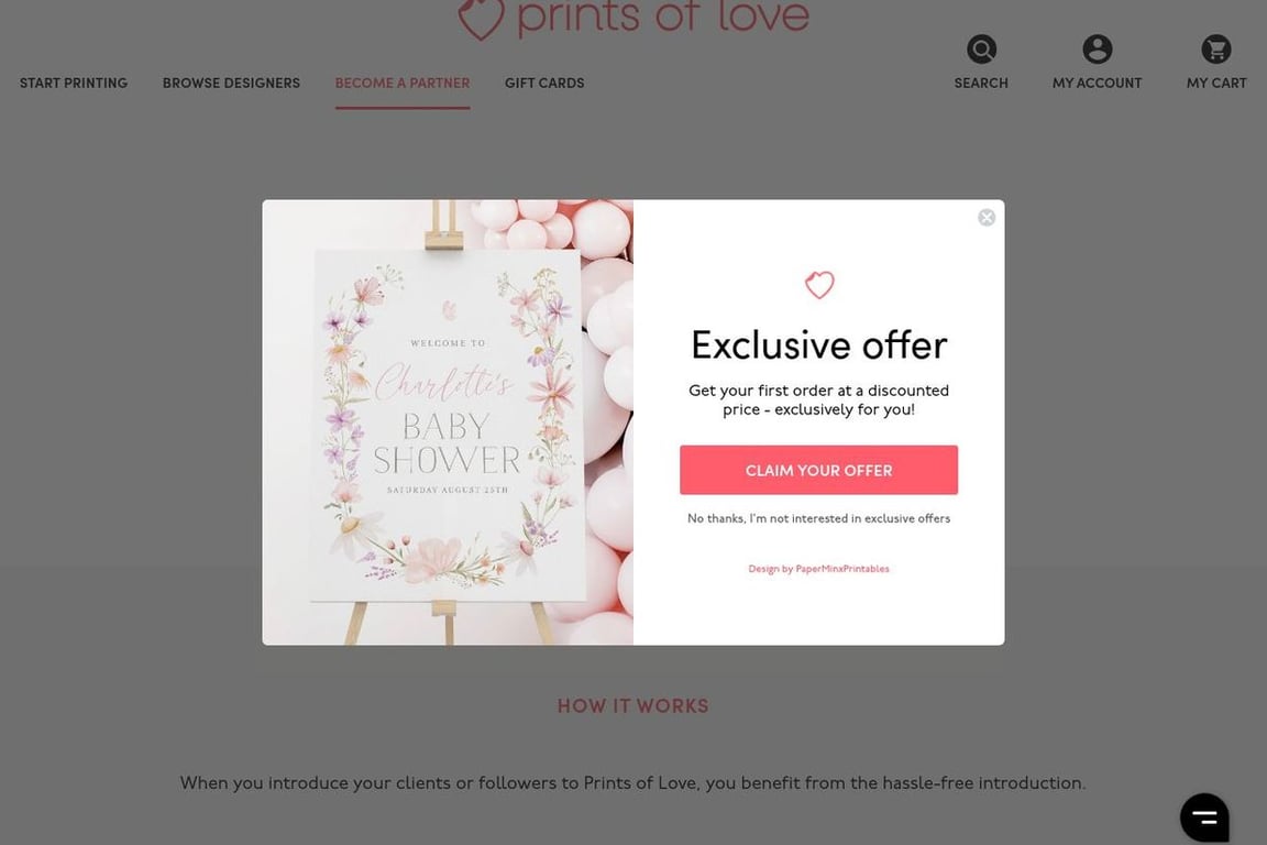 Prints of Love affiliate program signup page