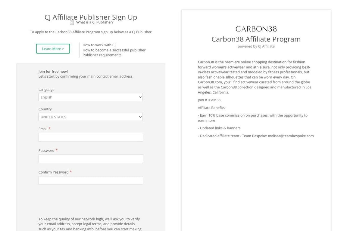 Carbon38 affiliate program signup page