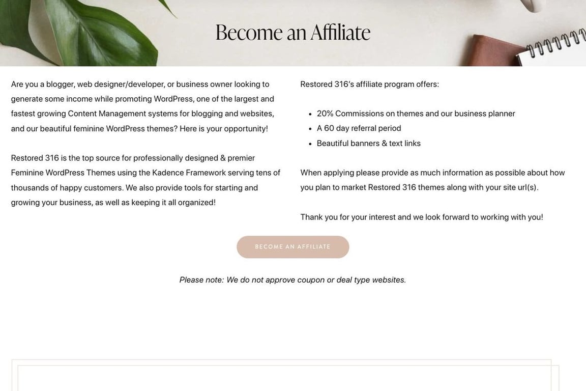 Restored 316 Designs affiliate program signup page