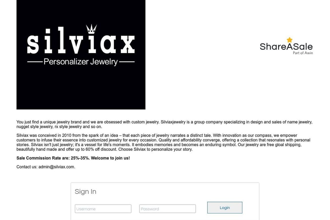 Silviax Jewelry affiliate program signup page