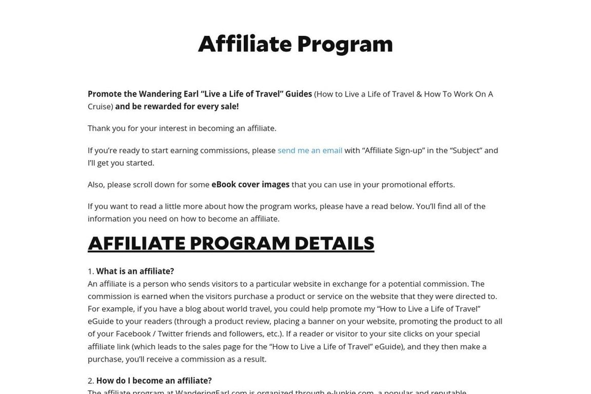 Wandering Earl affiliate program signup page