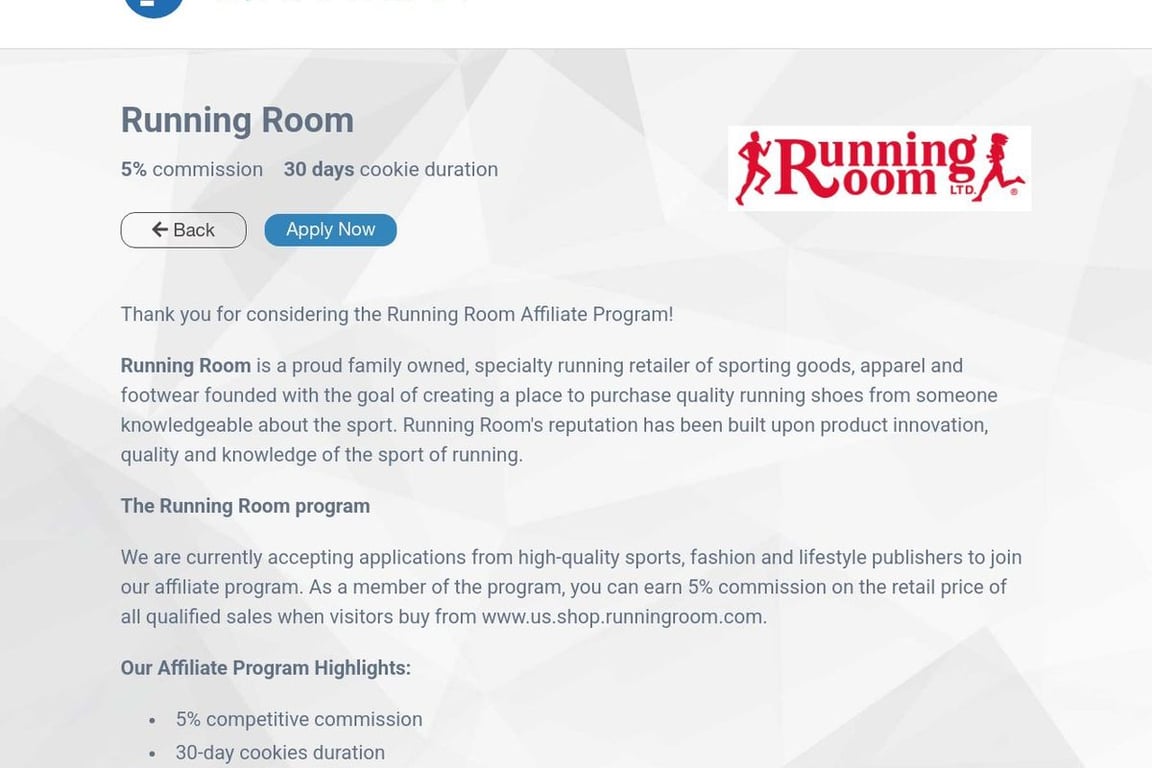 Running Room affiliate program signup page