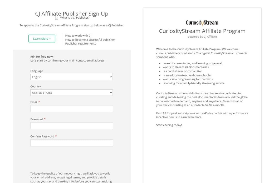 CuriosityStream Preferred affiliate program signup page