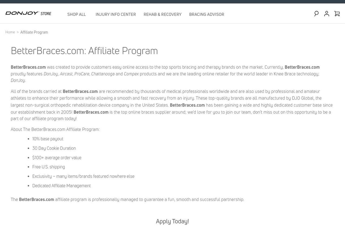 DonJoy Performance affiliate program signup page
