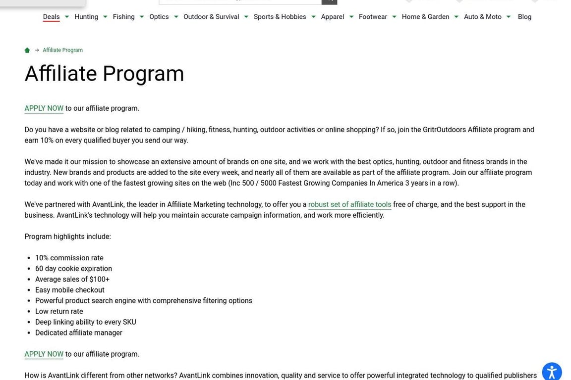 Gritr Outdoors affiliate program signup page
