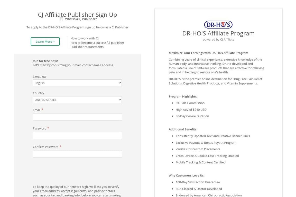 DR-HO’S affiliate program signup page