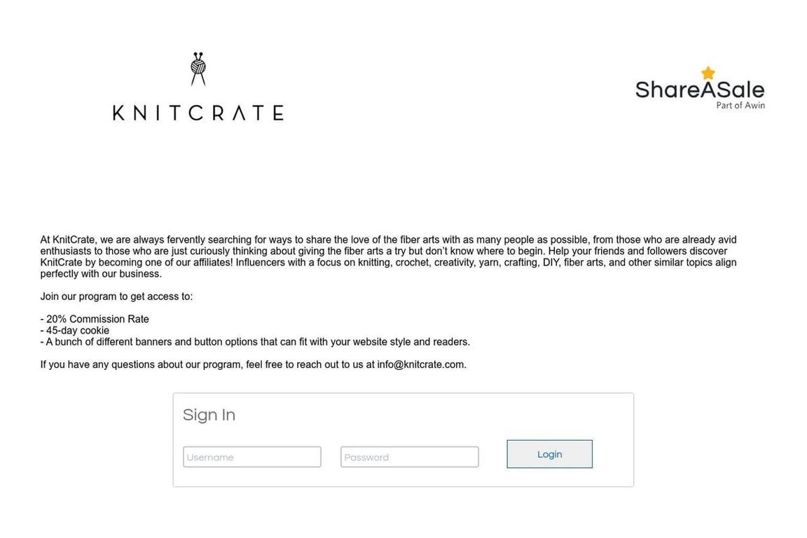 KnitCrate affiliate program signup page