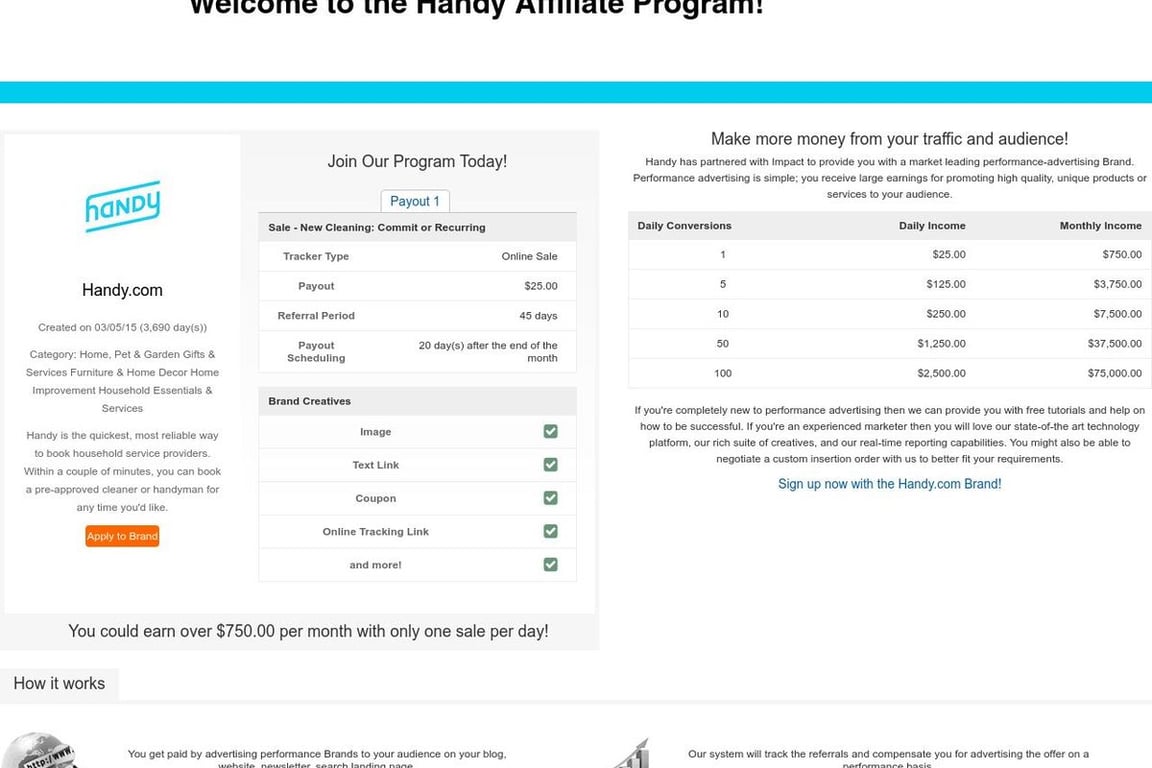 Handy affiliate program signup page