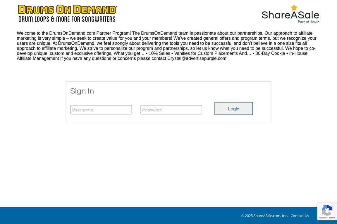 Drums On Demand, Inc. affiliate program signup page