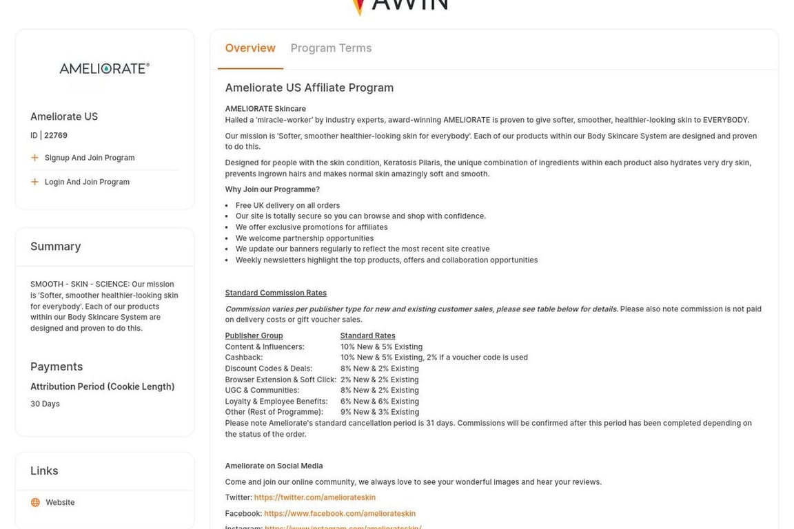 Ameliorate US affiliate program signup page