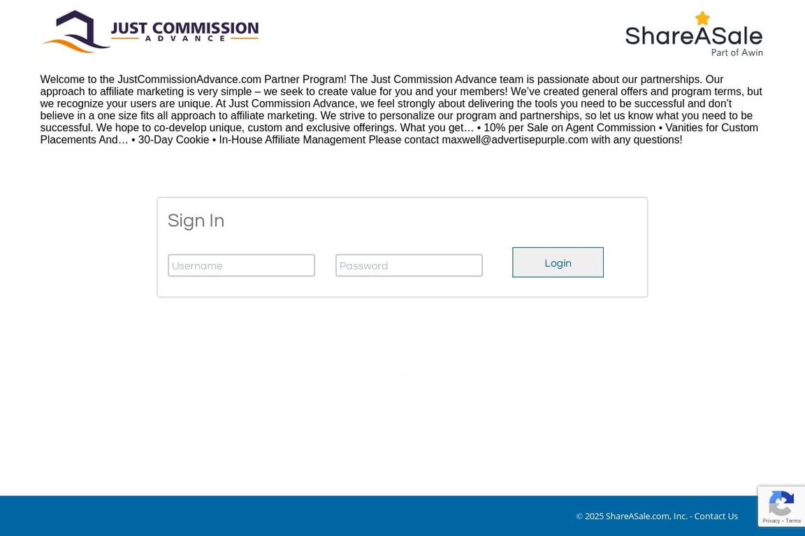Just Commission Advance affiliate program signup page