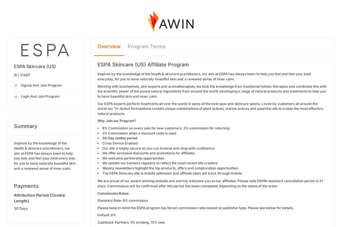 ESPA Skincare affiliate program signup page