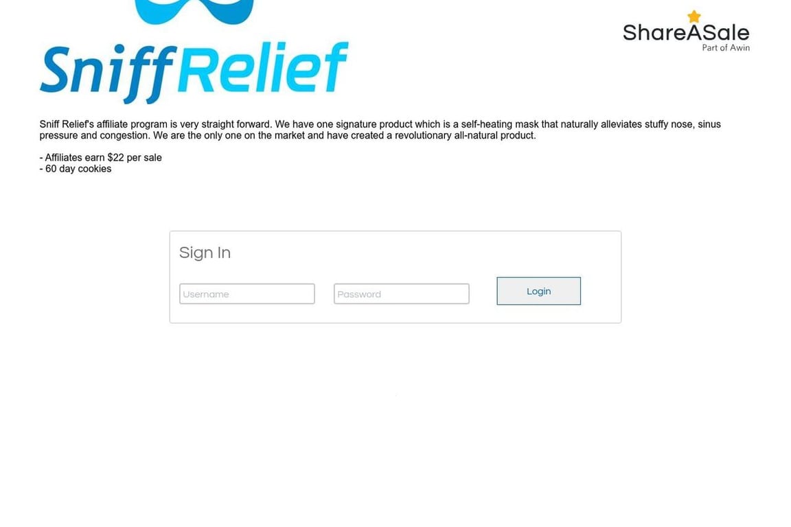Sniff Relief affiliate program signup page