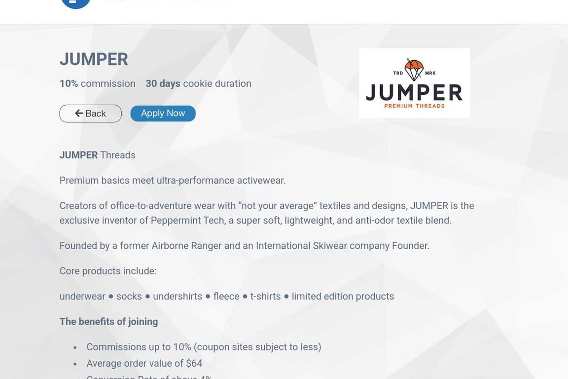 JUMPER affiliate program signup page