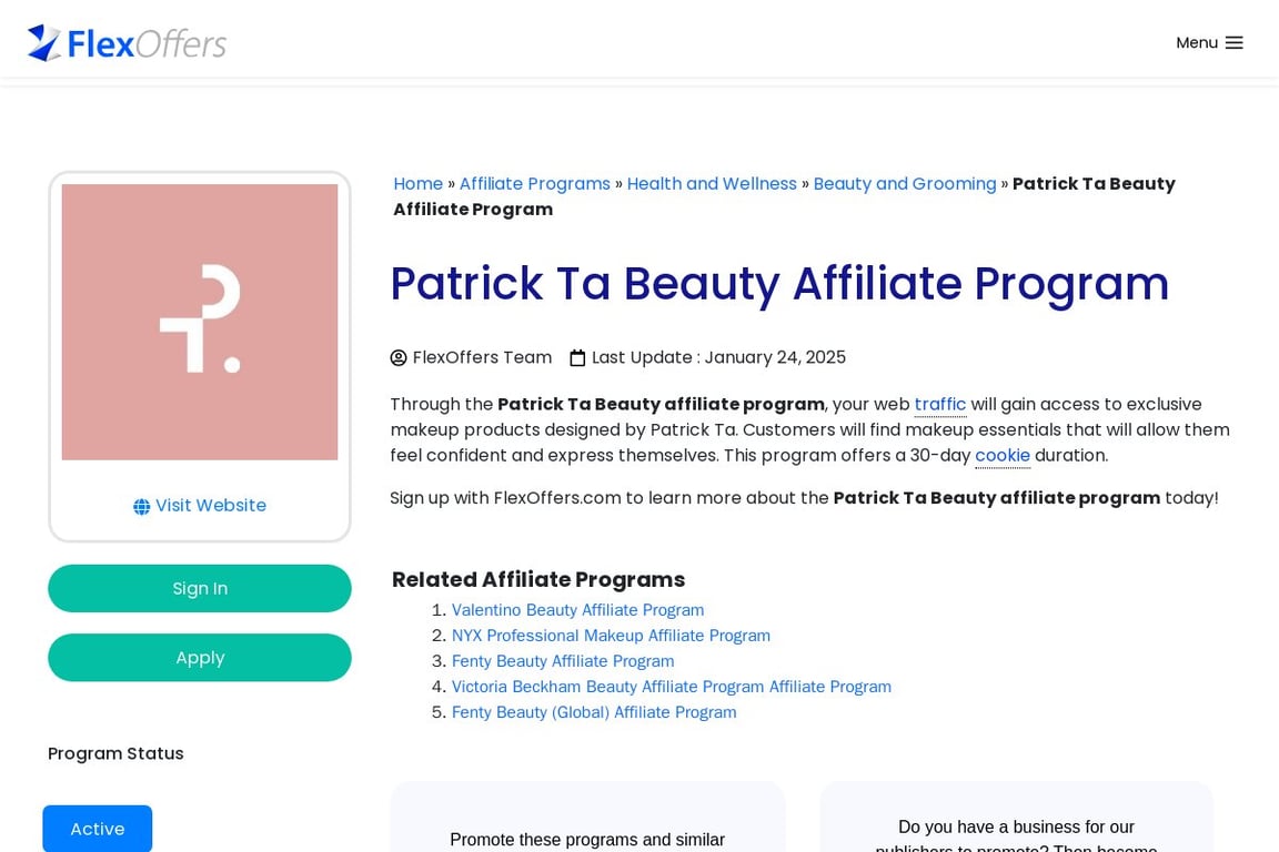 Patrick Ta Beauty affiliate program signup page