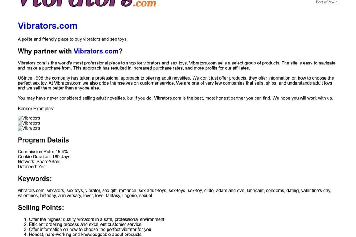 Vibrators.com affiliate program signup page