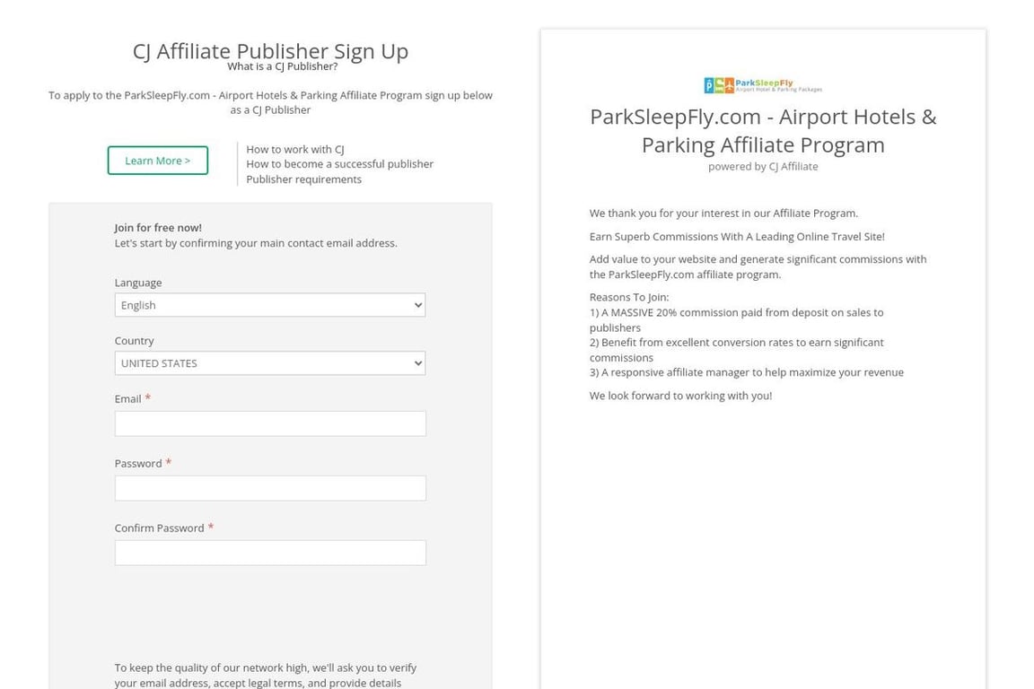 ParkSleepFly.com affiliate program signup page