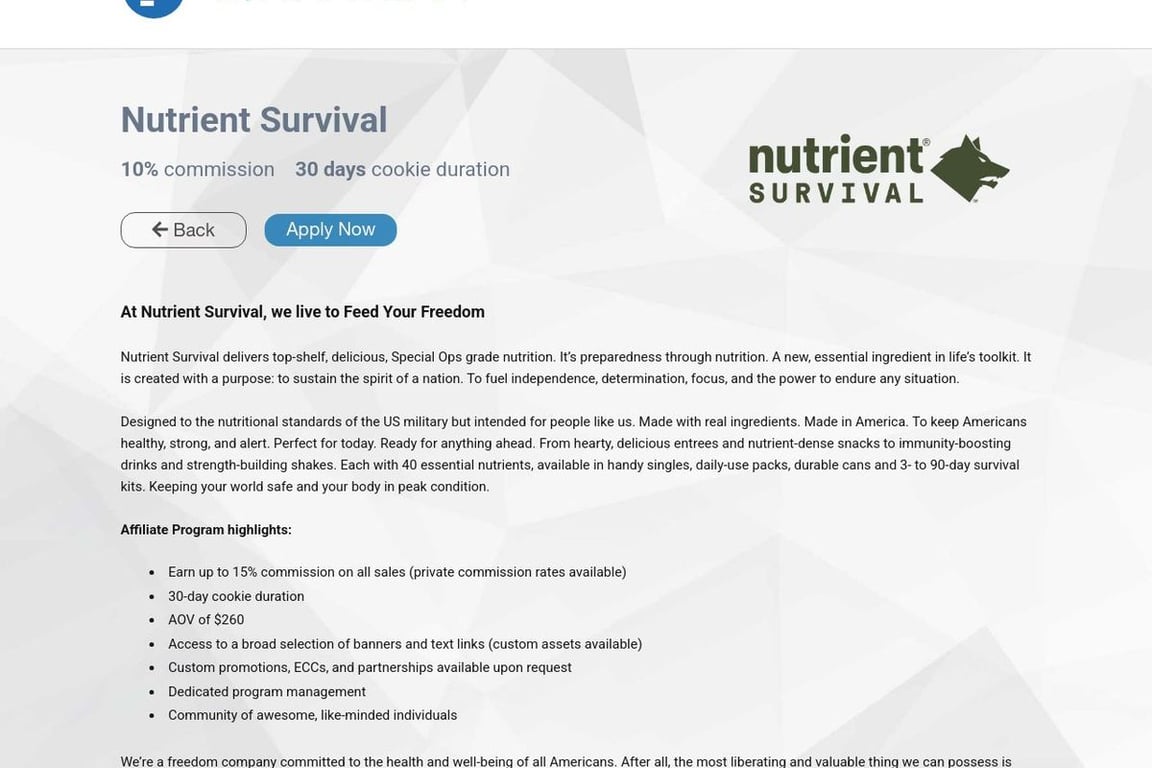 Nutrient Survival affiliate program signup page