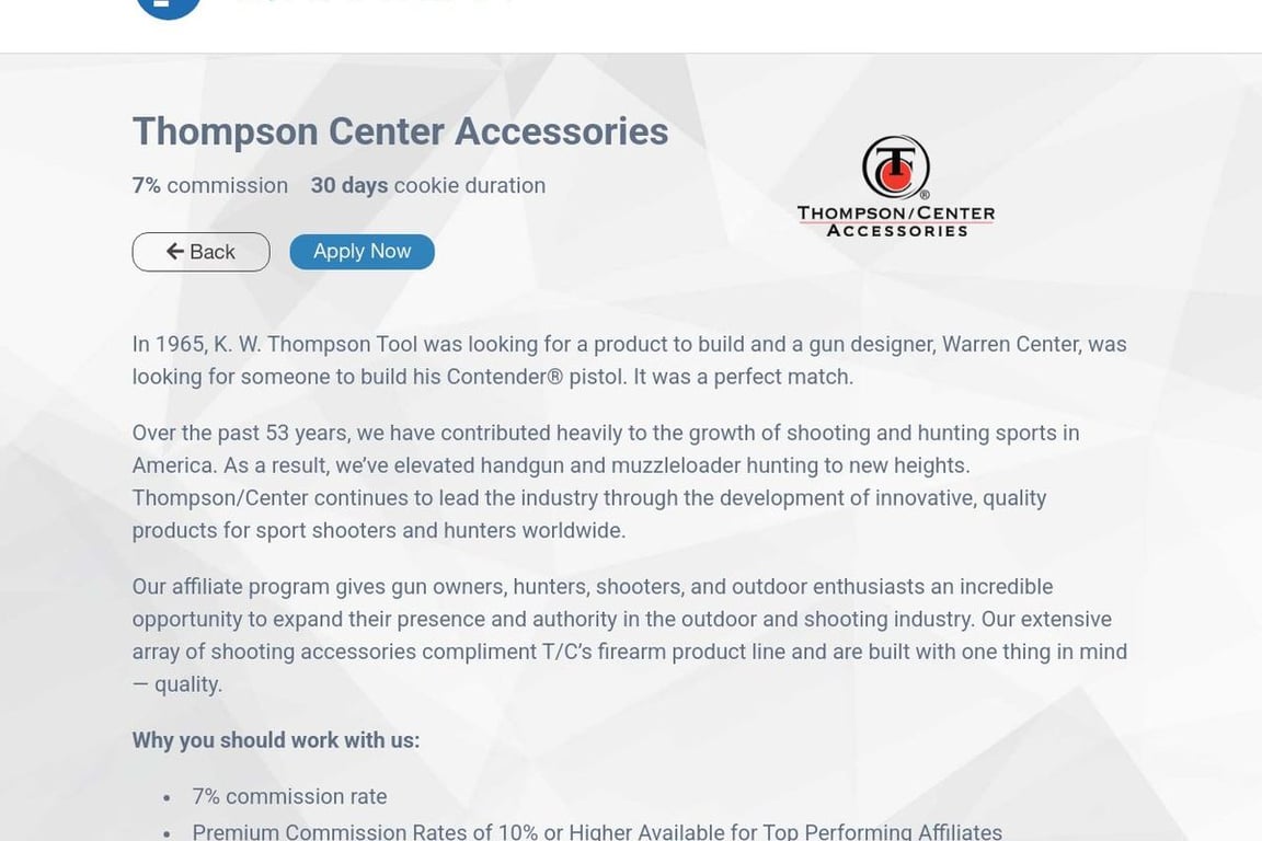 Thompson Center Accessories affiliate program signup page