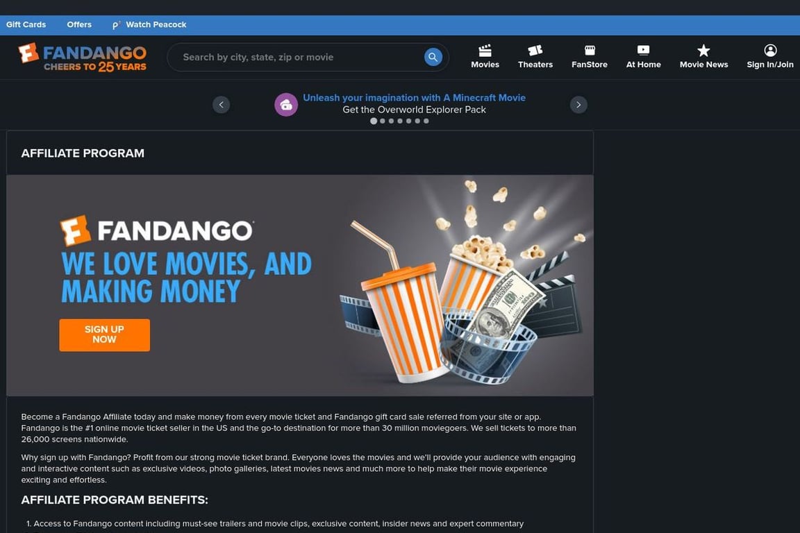 Fandango affiliate program signup page