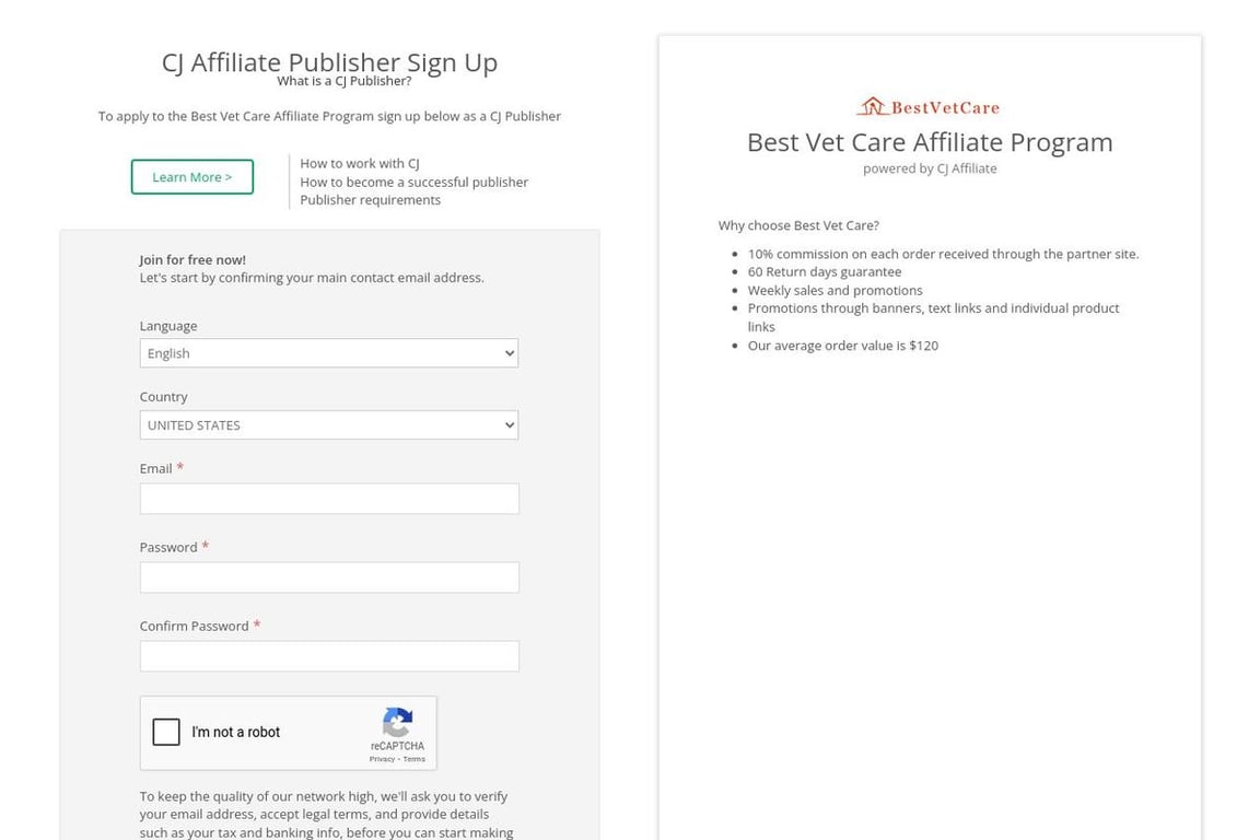 Best Vet Care affiliate program signup page