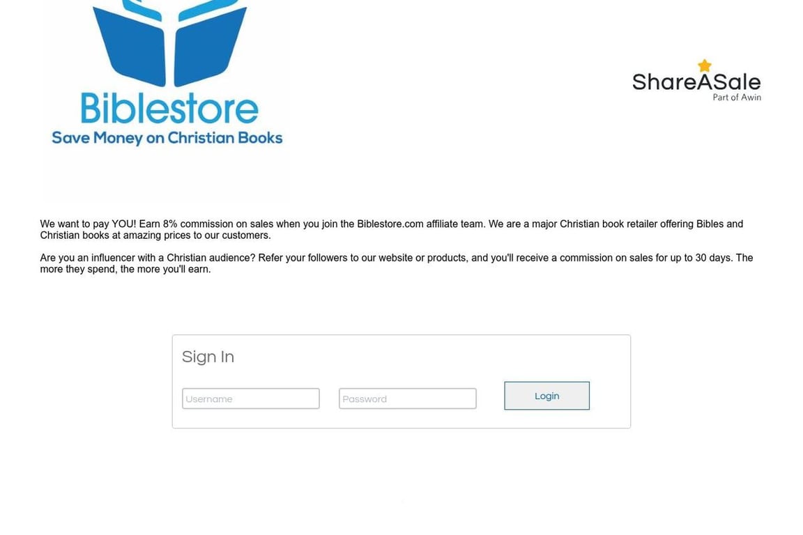 Biblestore.com affiliate program signup page