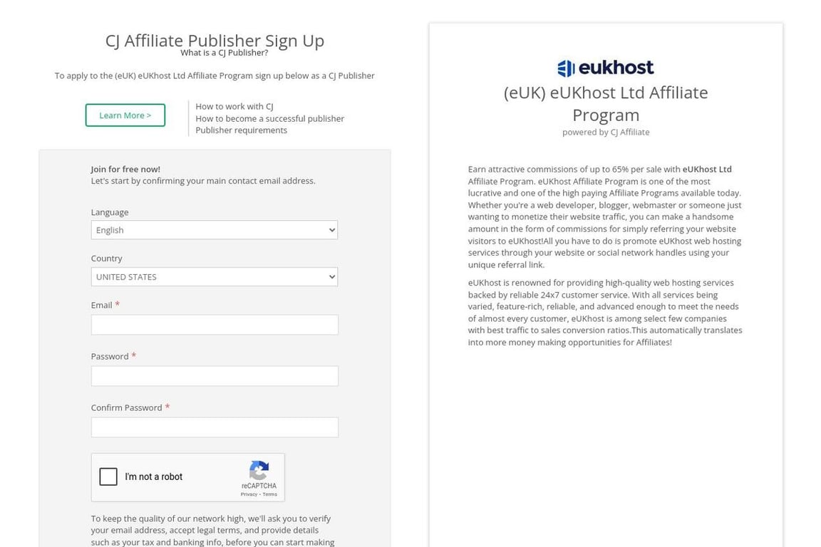 EUKhost Ltd affiliate program signup page