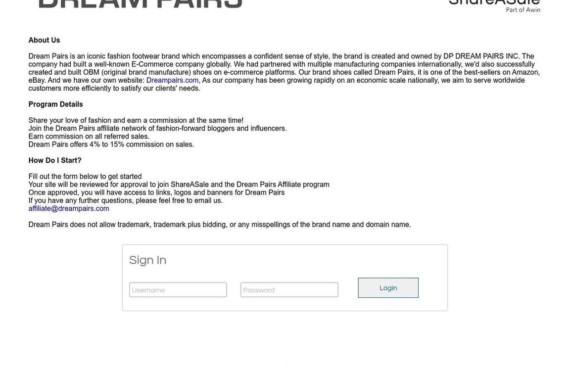 Dream Pairs affiliate program signup page
