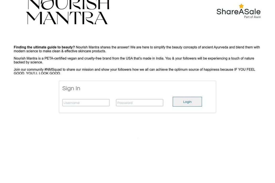 Nourish Mantra affiliate program signup page