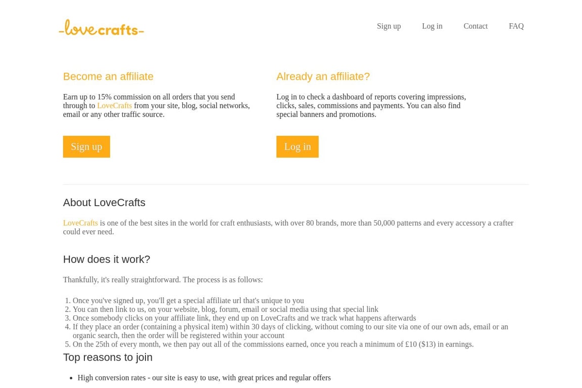 LoveCrafts affiliate program signup page