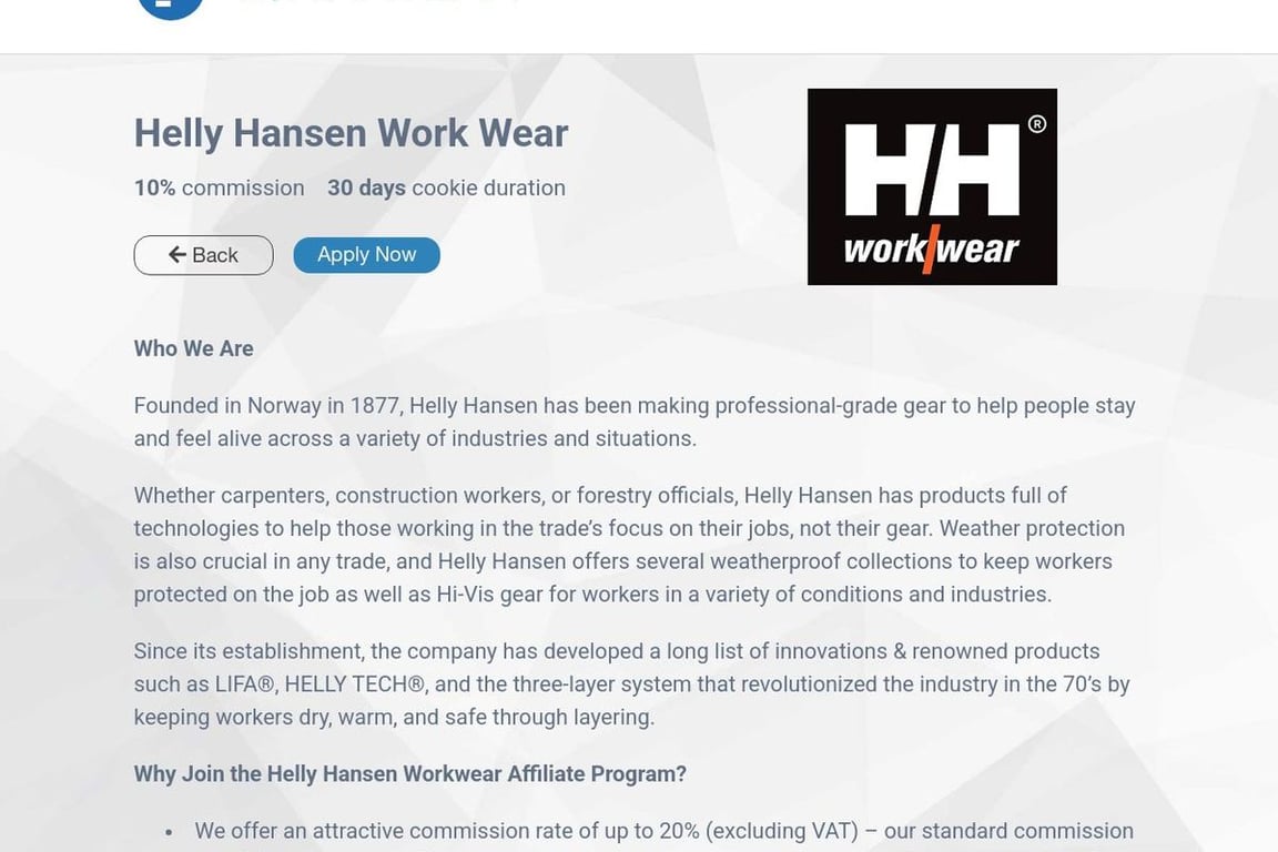 Helly Hansen Workwear US affiliate program signup page
