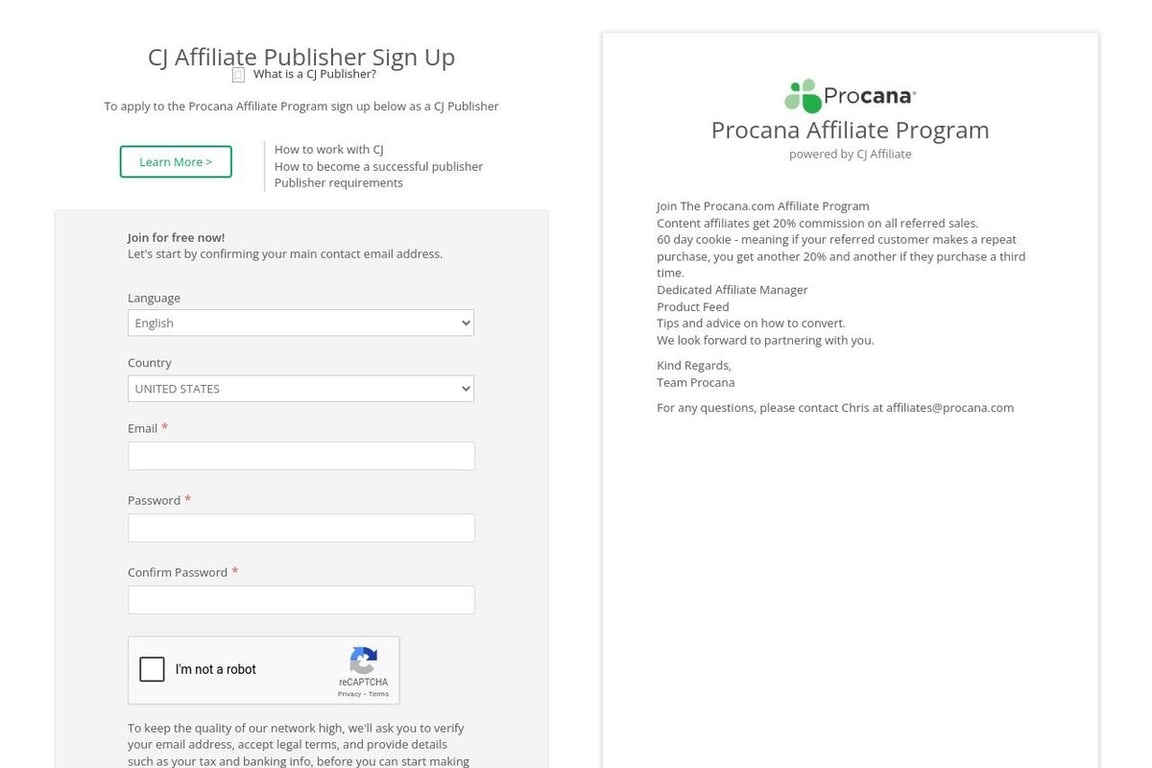 Procana affiliate program signup page