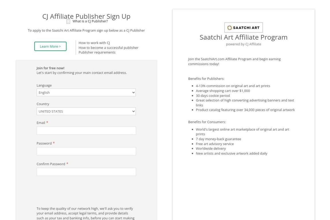 Saatchi Art affiliate program signup page