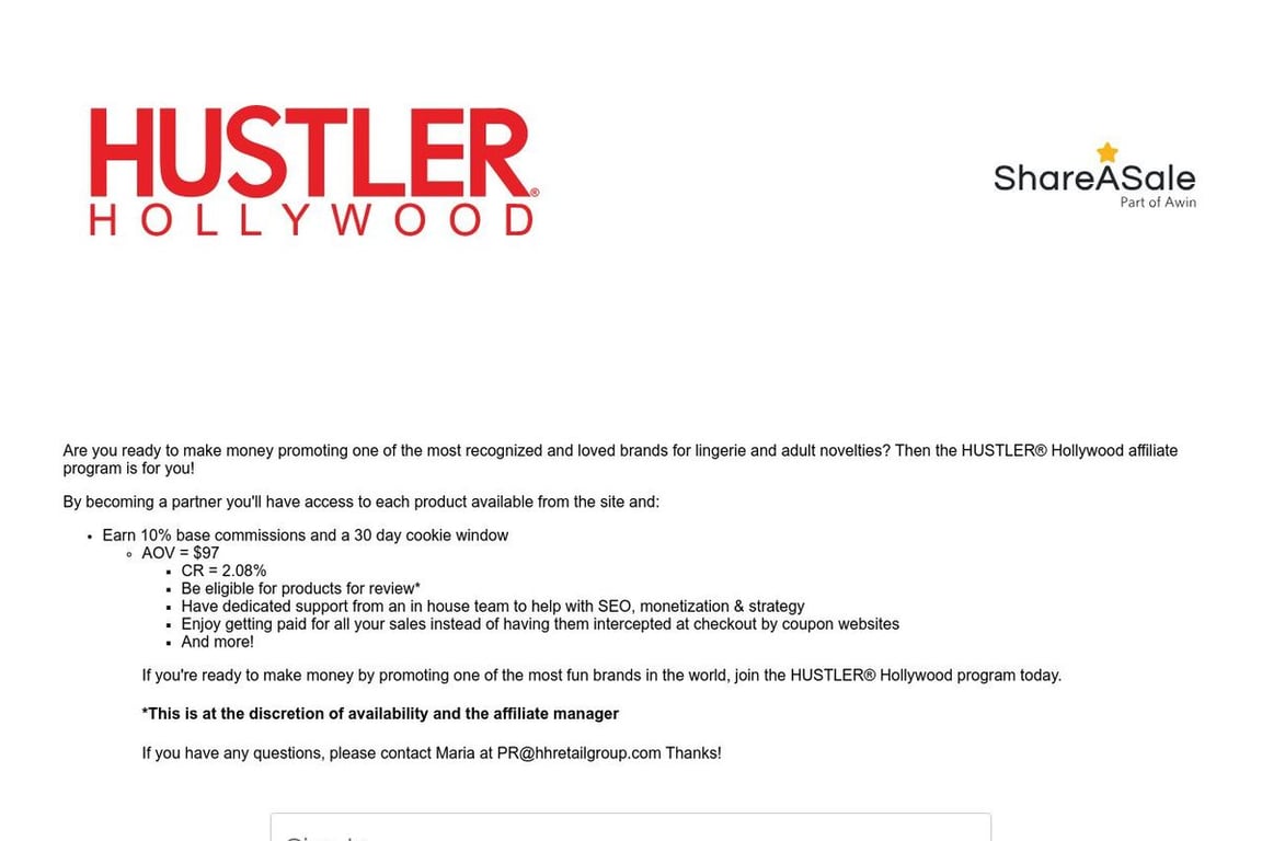 HUSTLER Hollywood affiliate program signup page