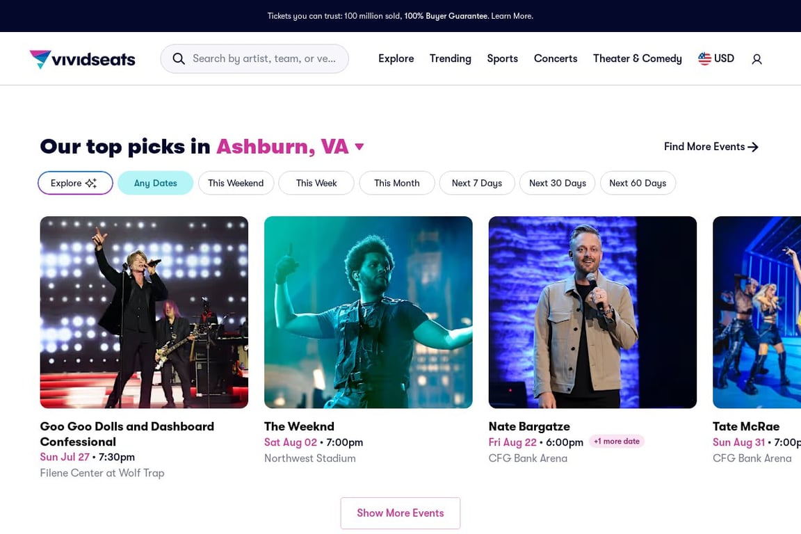 Vivid Seats homepage