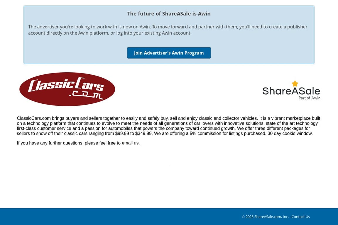ClassicCars affiliate program signup page