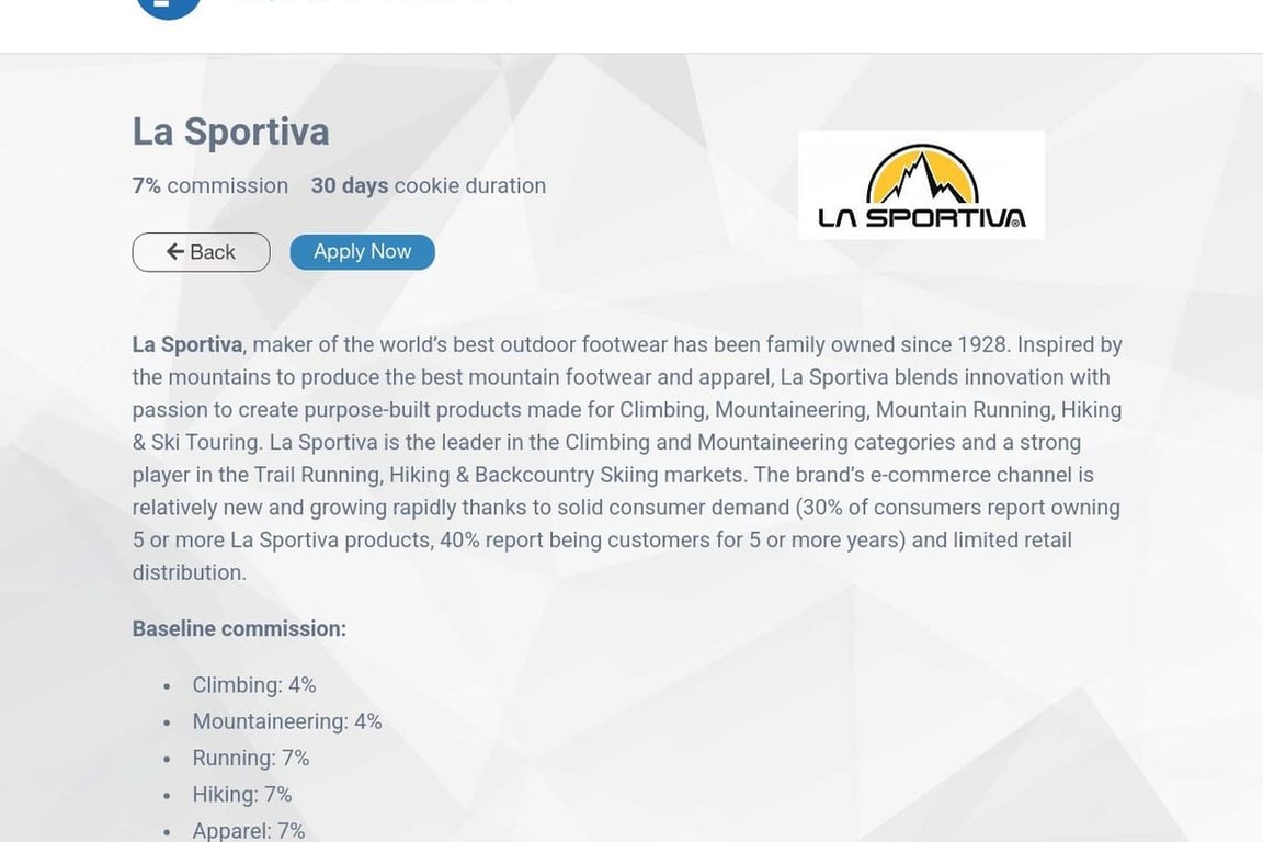La Sportiva affiliate program signup page