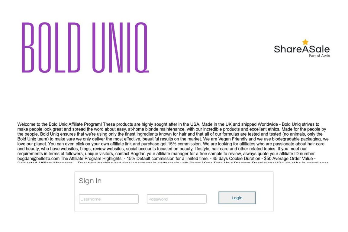 BOLD UNIQ affiliate program signup page