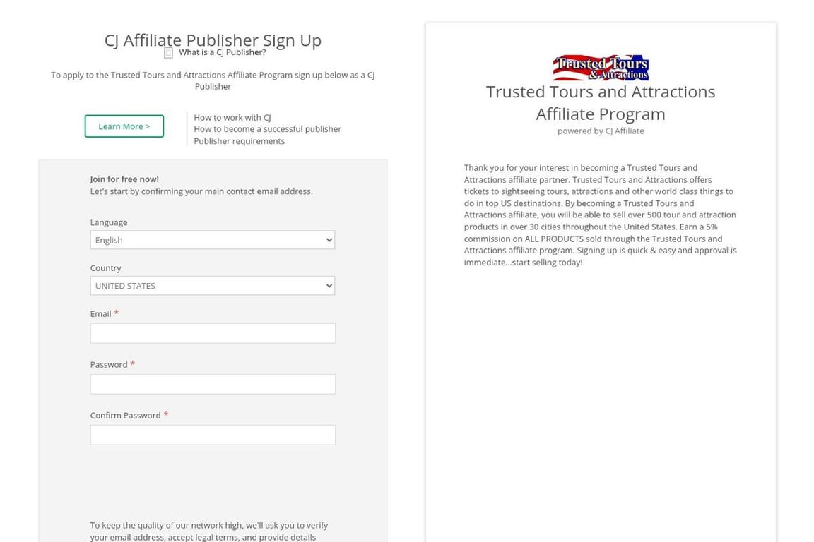 Trusted Tours and Attractions affiliate program signup page