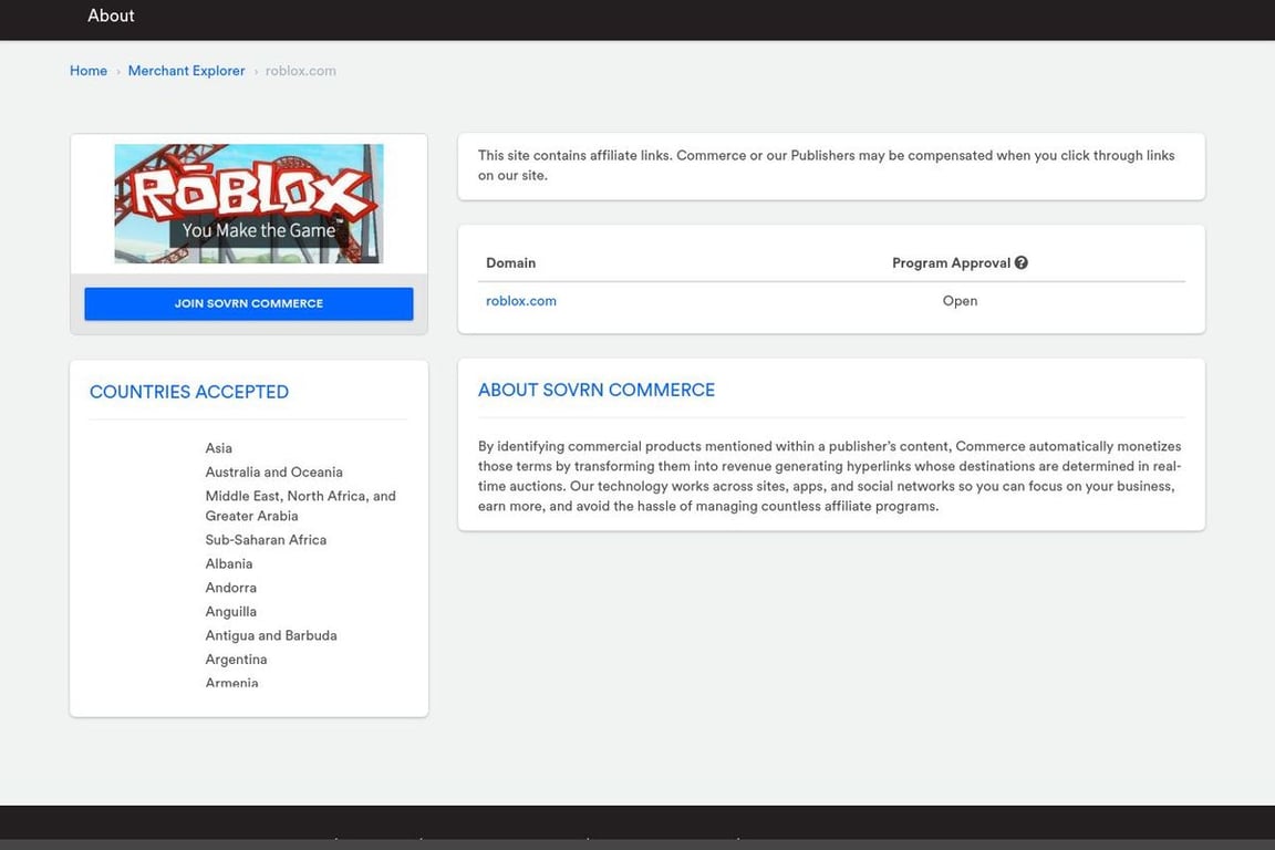 Roblox affiliate program signup page