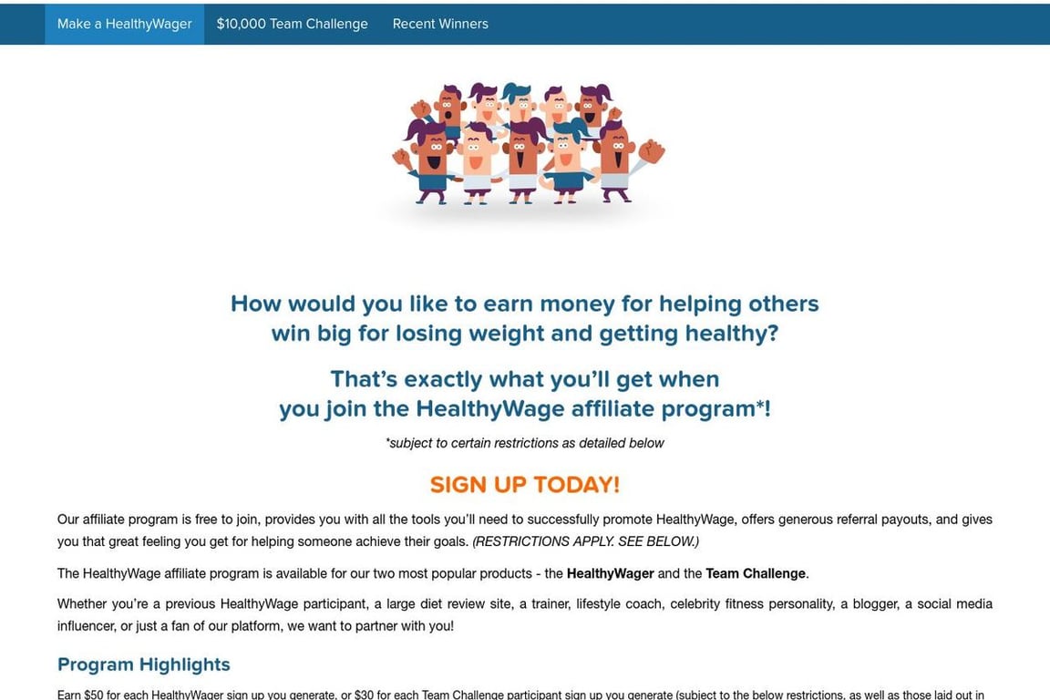 HealthyWage affiliate program signup page