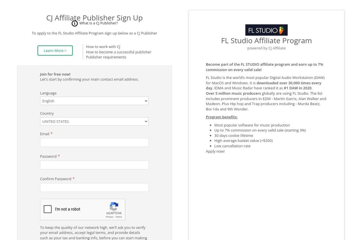 FL Studio affiliate program signup page