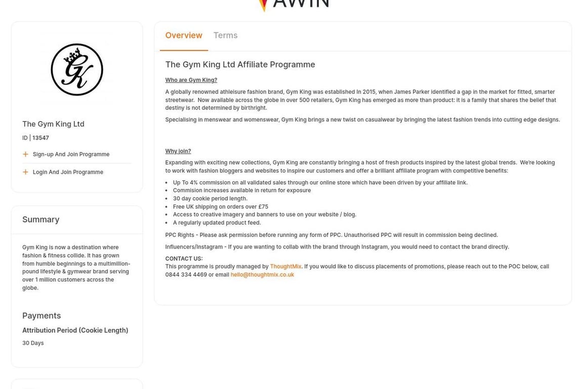 Gym King affiliate program signup page