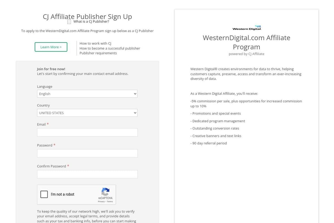 WesternDigital.com affiliate program signup page