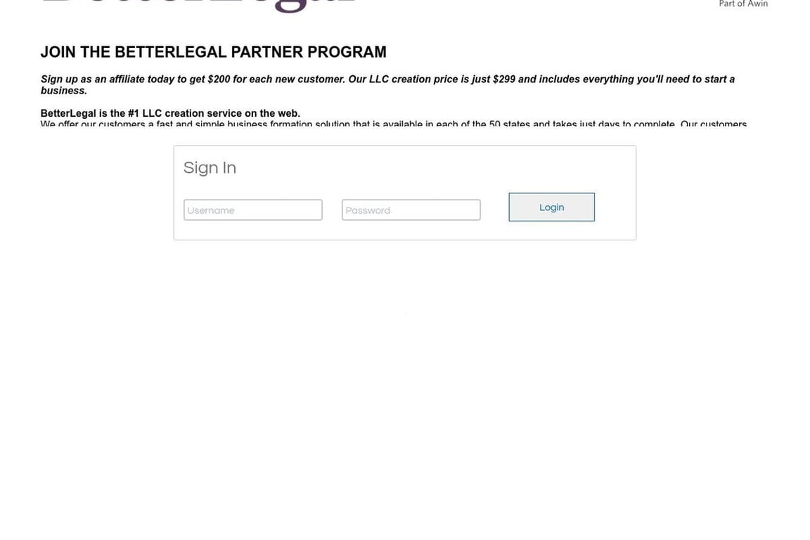 BetterLegal Inc affiliate program signup page
